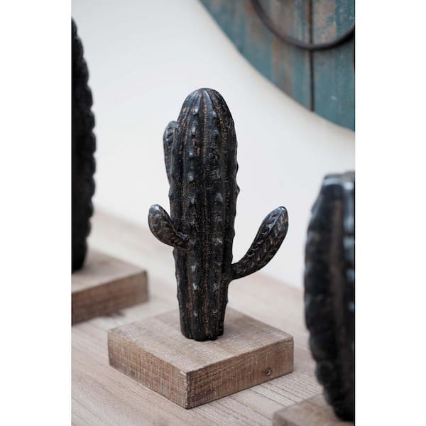 Litton Lane 10 in. Cactus Decorative Sculpture in Rusted Black and Stained Brown