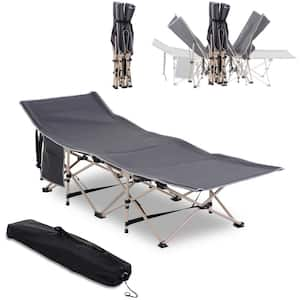 74.8 in. Folding Steel Outdoor Lounge Chair, Gray Portable Camping Cot Sleeper for Adults with Carry Bag, Side Pocket