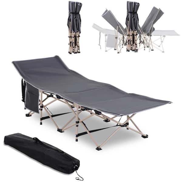 Otryad 74.8 in. Folding Steel Outdoor Lounge Chair, Gray Portable Camping Cot Sleeper for Adults with Carry Bag, Side Pocket