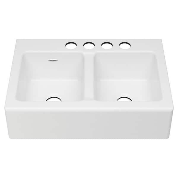 American Standard Delancey Farmhouse Apron Front Cast Iron 33 in. 4-Hole Double Bowl Kitchen Sink in Brilliant White