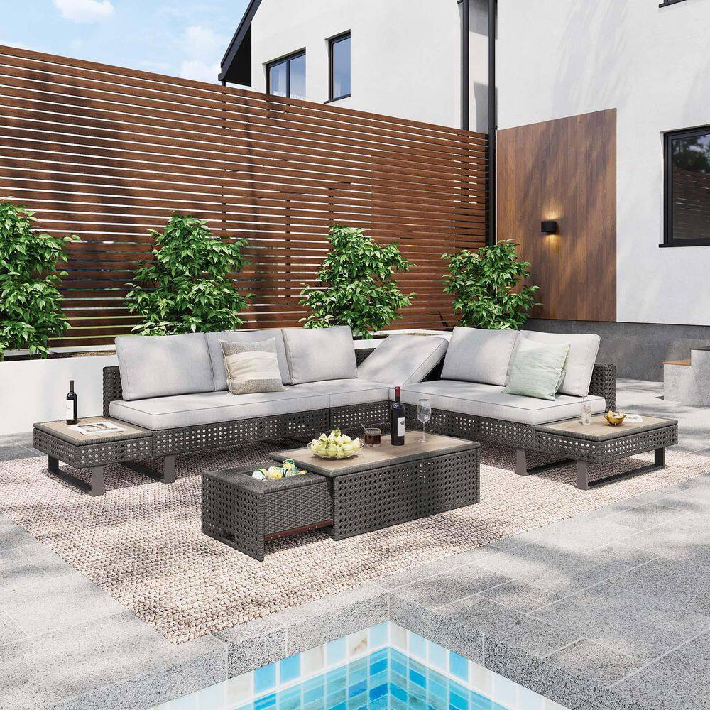 Brown 6-Piece Wicker Outdoor Sectional Sofa Set Patio Furniture Set with Gr