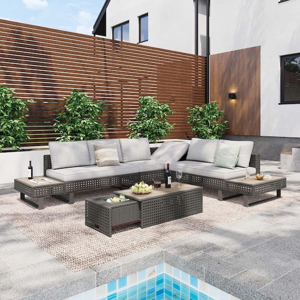 Unbranded Brown 6-Piece Wicker Outdoor Sectional Sofa Set Patio Furniture Set with Gray Cushions and Coffee Table