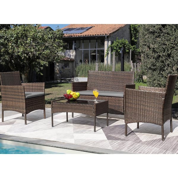 Tozey Brown 4-Pieces Wicker Outdoor Patio Conversation Furniture Sets Rattan Chair Wicker Set with Gray Cushion