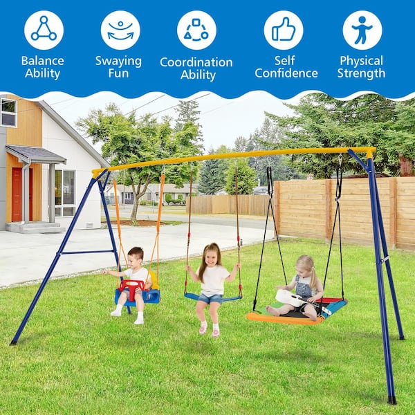 Gymax 3-in-1 Steel Outdoor Kids Swing Set 660 lbs. Carbon Steel