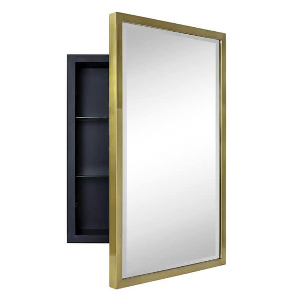 TEHOME Haddison 16 in. W x 24 in. H Rectangular Metal Framed Recessed Bathroom Medicine Cabinet with Mirror in Brushed Gold
