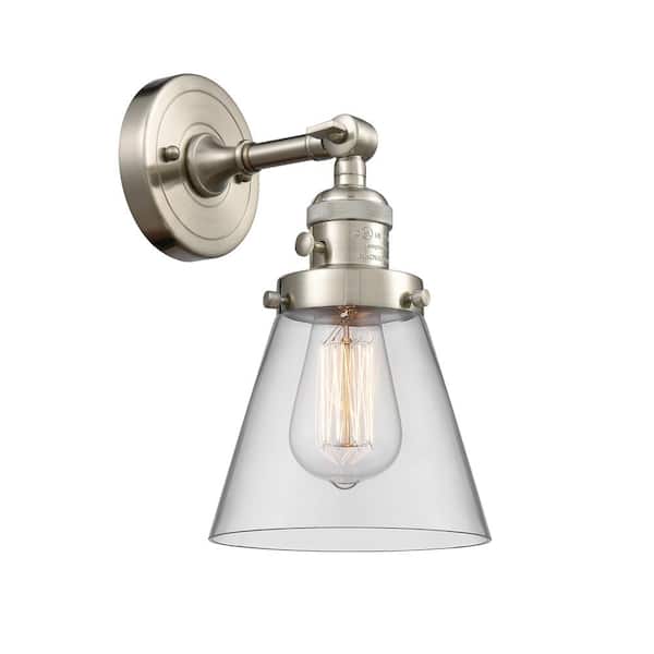 Innovations Cone 6.25 in. 1-Light Brushed Satin Nickel Wall Sconce with Clear Glass Shade with On/Off Turn Switch