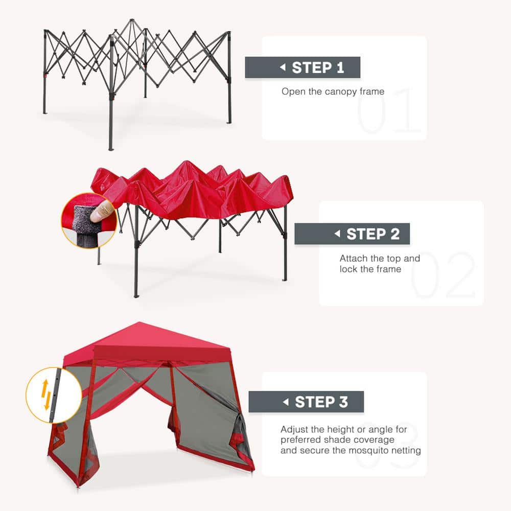Red 10' x 10' Steel Pop-Up Canopy Tent with Mosquito Netting