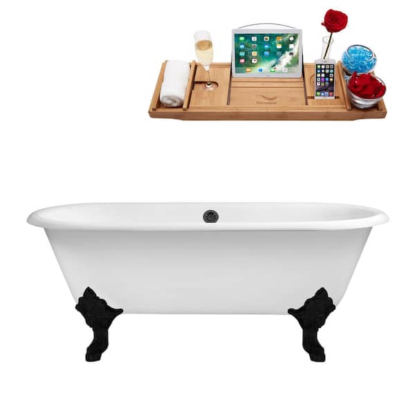 Streamline 69 in. x 32 in. Cast Iron Clawfoot Soaking Bathtub in Glossy White with Matte Black Clawfeet and Matte Black Drain