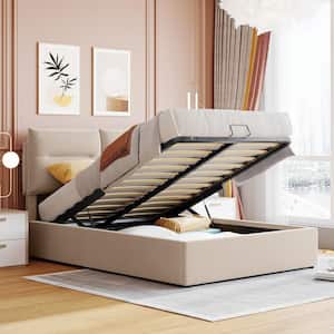 Beige Wood Frame Full Size Upholstered Platform Bed with a Hydraulic Storage System