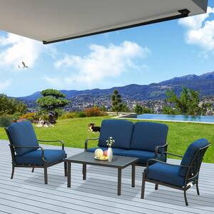 4-Piece Patio Conversation Set Metal Outdoor Furniture, All-Weather Deep Seating Sofa Set with Blue Cushions