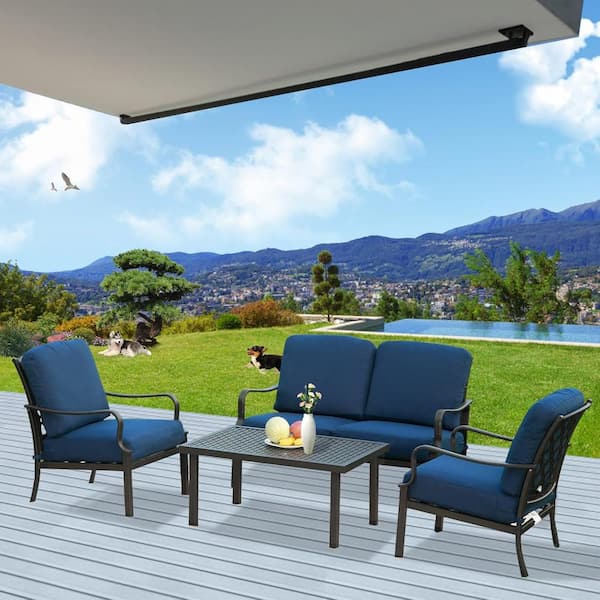 AUTMOON 4-Piece Patio Conversation Set Metal Outdoor Furniture, All-Weather Deep Seating Sofa Set with Blue Cushions