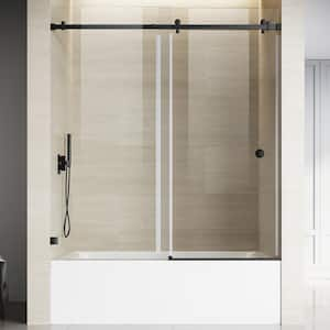 UKS09 56 to 60 in. W x 66 in. H Single Sliding Frameless Bathtub Door in Matte Black with EnduroShield 3/8" Clear Glass