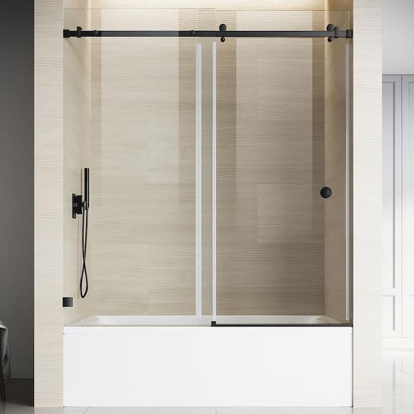 UNIKOO UKS09 56 to 60 in. W x 66 in. H Single Sliding Frameless Bathtub Door in Matte Black with EnduroShield 3/8" Clear Glass