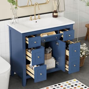 36 in. W x 18 in. D x 34.37 in. H Single Sink Freestanding Bath Vanity in Blue with White Resin Top and Storage