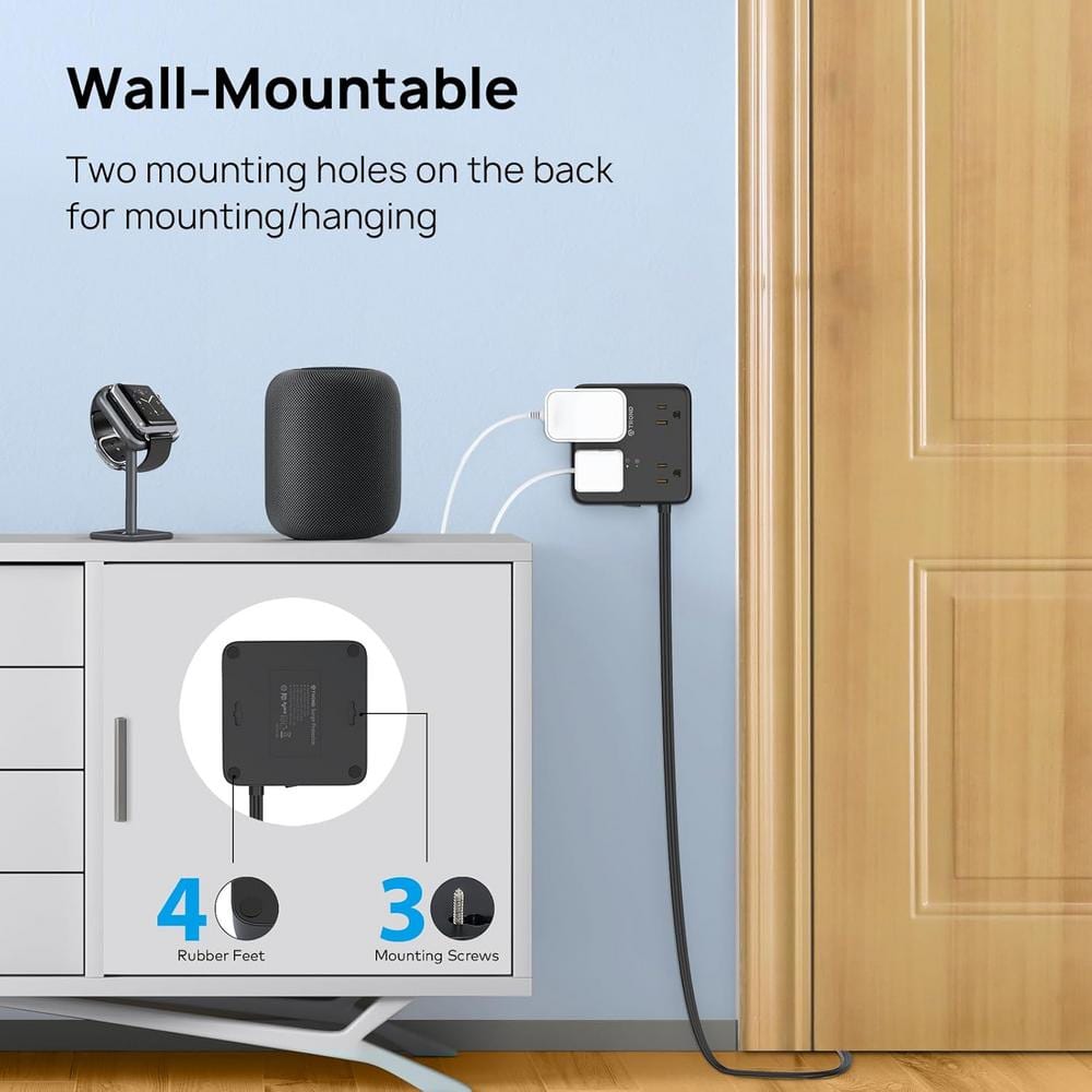 Black 4-Outlet Power Strip with USB-A and USB-C Ports