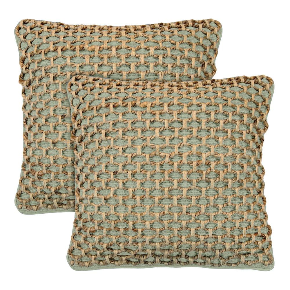 Jada Sage Green 18 in. x 18 in. Braided Jute Decorative Throw Pillow Cover