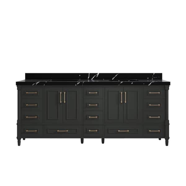 Willow Collections Hudson 84 in. Double Sink Freestanding Black Top Bath Vanity with Calacatta Black Quartz Top Unassembled
