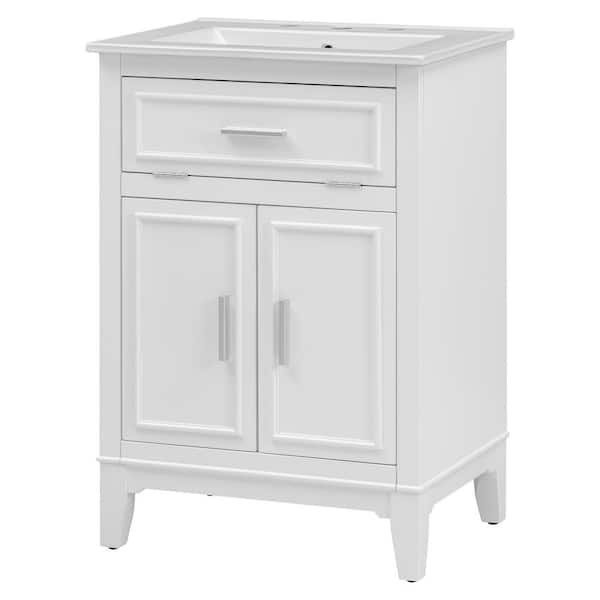 Zeus & Ruta 24 in. W x 18.3 in. D x 35 in. H Single Sink Bath Vanity in White with White Ceramic Top and One Tip-out Drawer