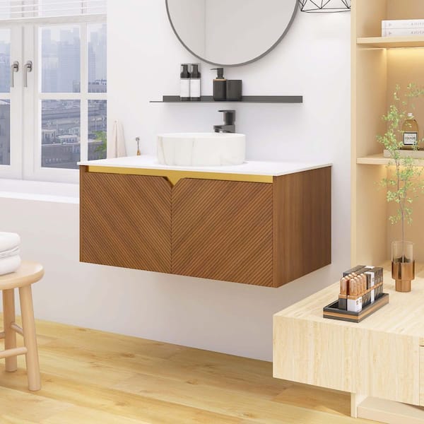Yingze 36 in. Wall Mounted Single Sink Brown Oak Bath Vanity with