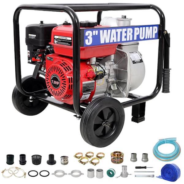 212CC 7HP 3 in. Gas Engine Powered Water Pump w50 ft Discharge Hose, 12 ft Suction Hose, Wheels and Handle