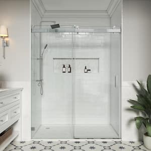 66 in. W x 76 in. H Single Sliding Frameless Soft-Closing Shower Door in Brushed Nickel with Easy-Clean 3/8 in. Glass