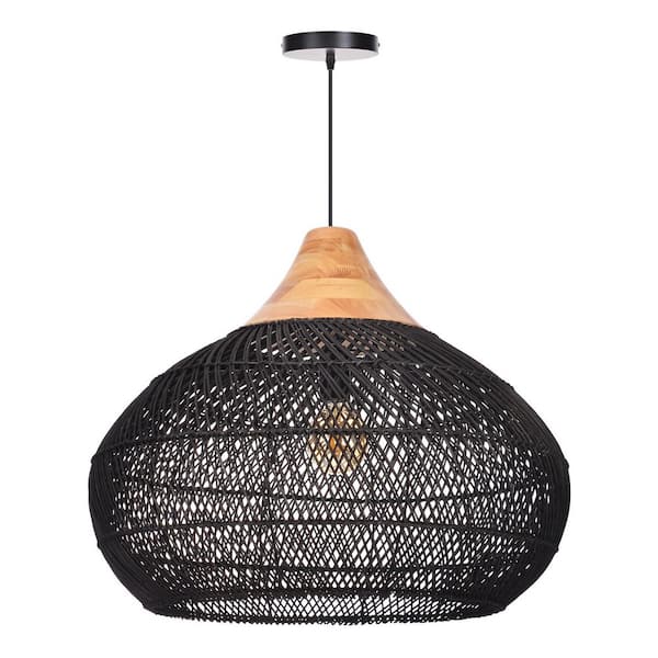 60-Watt 1 Light Black Woven Rattan Pear-Shaped Pendant Light with Solid Wood Accent, No Bulbs Included, 16 in.