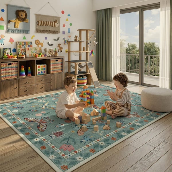 Washable Modern Insect Pattern Non Slip Bean Green 6 ft. x 9 ft. Living Room/Bedroom Indoor Area Rug