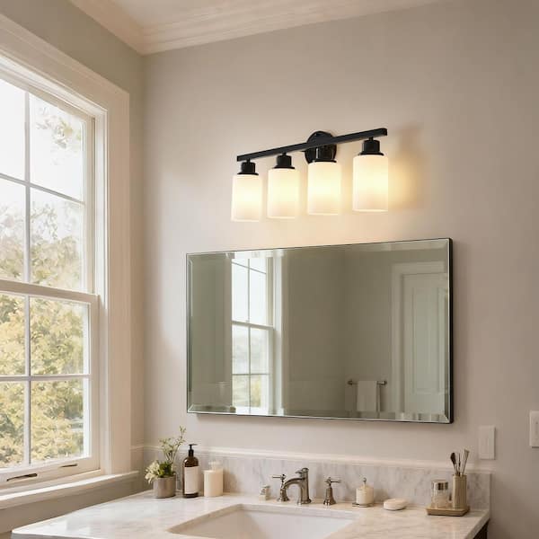 24.6 in. 4-Light Matte Black Bathroom Vanity Light with White Glass Shades, Wall Sconce Fixture, E26 Base(No Bulbs)