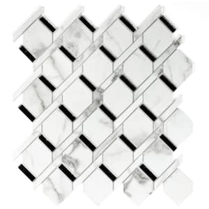 Art Deco Bianco Carrara Mosaic 13.84 in. x 13.85 in. Marble Look Glass Decorative Wall Tile (10 sq. ft./Case)
