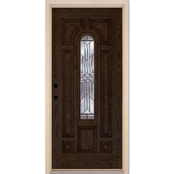 Feather River Doors 37.5 in. x 81.625 in. Brilliant Star Zinc Center Arch Lite Stained Walnut Oak Right-Hand Fiberglass Prehung Front Door
