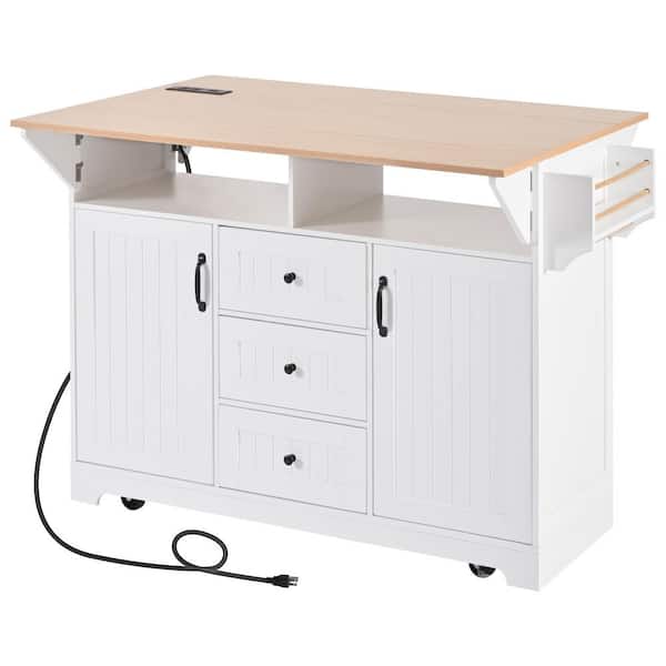 Tileon White Wood 55.7 in. Large Kitchen Island with 2 Drop Leaf, Rolling Kitchen Cart with Power Outlet, Spice and Towel Rack