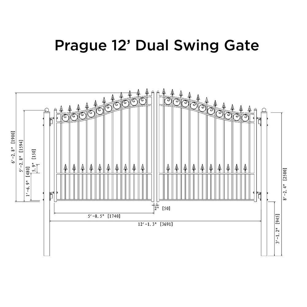 Prague Style Black Steel Dual Swing Driveway Gate 12 x 6 Feet