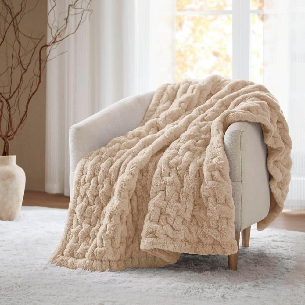 Madison Park Ruched Fur Tan Polyester Throw Blanket MP50-8801
