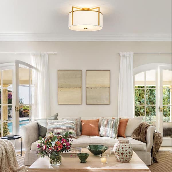 HUOKU Haven 3-Light 20.5 in. W Brass Farmhouse Drum Semi Flush