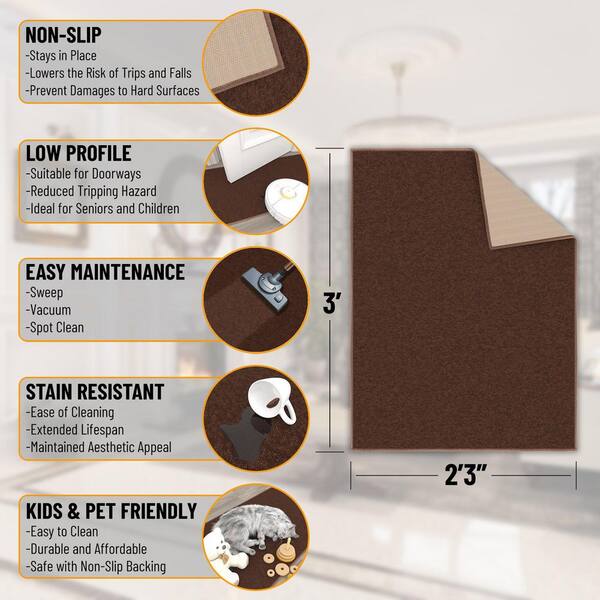 Basics Non-Slip Rubberback Modern Solid Design 2 ft. x 3 ft. Indoor Area Rug/Entryway Mat, 2 ft. 3 in. x 3 ft., Brown
