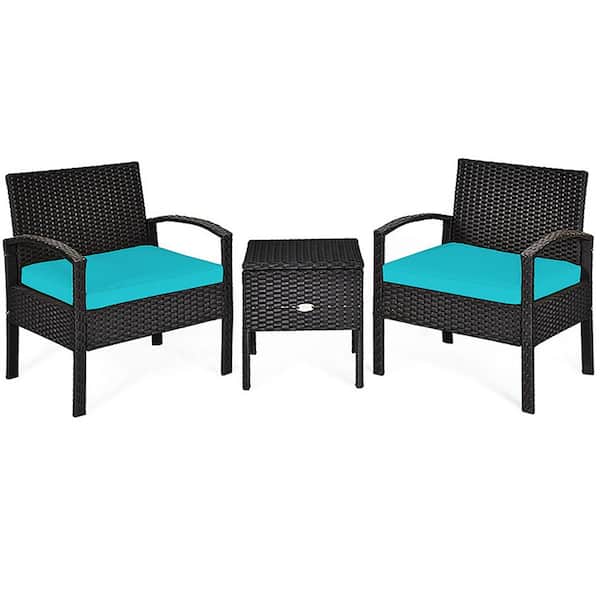 3-Pieces Wicker Patio Conversation Set 2-People Rattan Sofa Seating and Coffee Table Group Outdoor Set w/ Blue Cushions