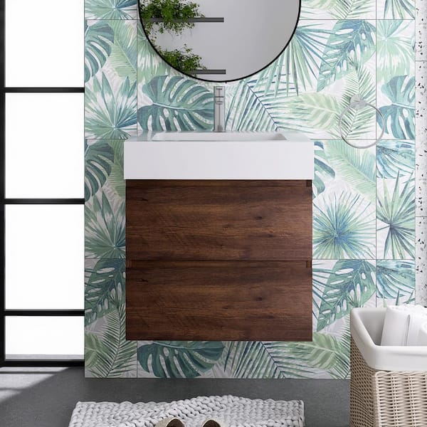 JimsMaison 24 in. W x 18 in. D x 25 in. H Single Sink Wall Mounted Bath Vanity in Walnut with White Cultured Marble Top