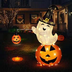 2.5 ft. Height LED Lighted Halloween Collapsible Metal Ghost on Pumpkin with Projection Effect