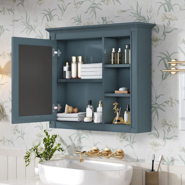 30 in. W x 28 in. H Rectangular Light Blue Wall-Mount Medicine Cabinet with Mirror and 3 Open Shelves, Storage Cabinet