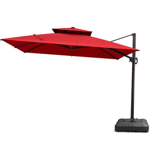 Pellebant 10.5 ft. x 10.5 ft. Square 2-Tier Top Canopy Cantilever Patio Umbrella with Base in Red