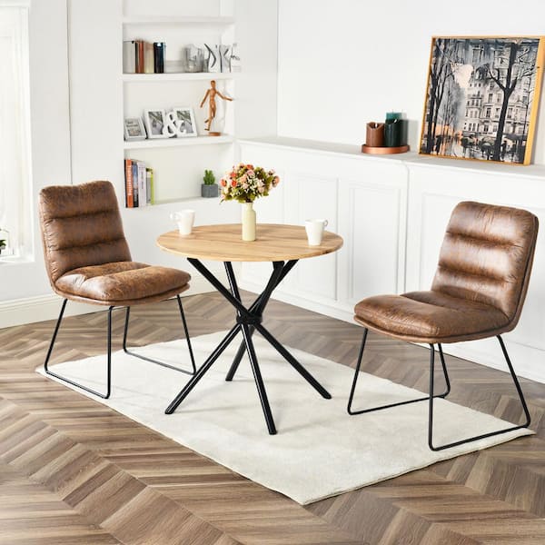 Fontana Farmhouse Natural Oak Wood Top 31.5 in. in Black Metal Cross Legs Base Round Dining Table (Seats 2)
