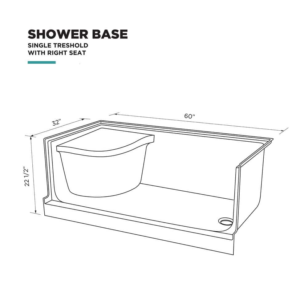 White Acrylic Single Threshold Shower Base with Seat and Right Drain