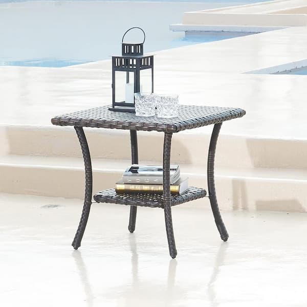 Brown Outdoor Wicker Patio Side Table with 2-Layer Storage Furniture Tables for Garden, Porch, Backyard