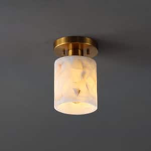 Jules 5.13 in. 1-Light Modern Contemporary Alabaster/Iron Cylinder LED Semi Flush Mount, White Marbling/Brass Gold