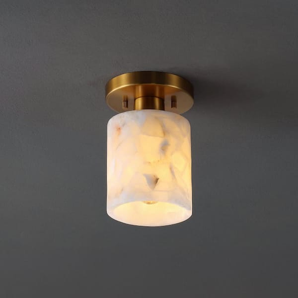 JONATHAN Y Jules 5.13 in. 1-Light Modern Contemporary Alabaster/Iron Cylinder LED Semi Flush Mount, White Marbling/Brass Gold