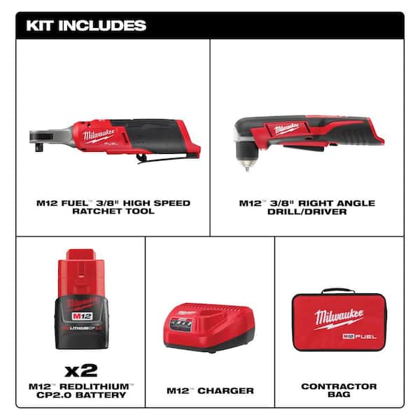 M12 FUEL 12V Lithium-Ion Brushless High Speed 3/8 in. Cordless Ratchet Kit w/(2) Batteries, Charger, Bag & RA Drill