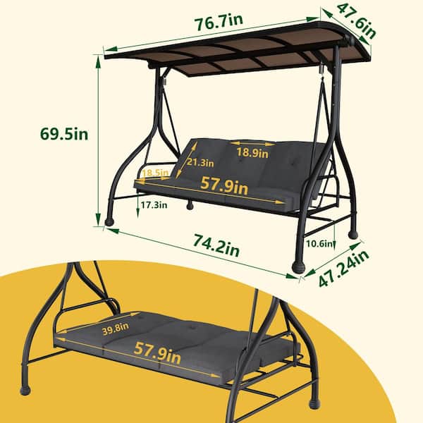3-Person Metal Patio Swing Outdoor with Adjustable Polycarbonate Canopy, Dark Gray