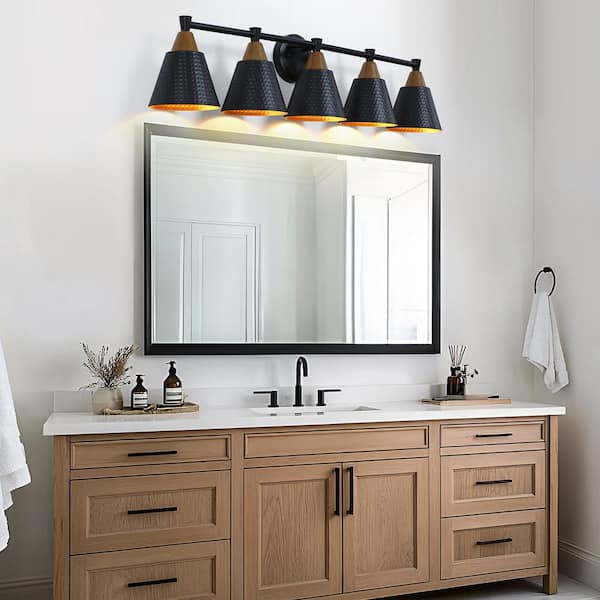 37.5 in. 5 Light Black and Wood Grain Vanity Light Fixture Over Mirror for Bathroom with Hammered Metal Shade