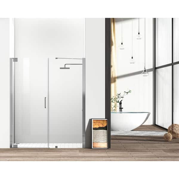 Unbranded Simply Living 60 in. W x 72 in. H Semi-Frameless Hinged Shower Door in Brushed Nickel with Clear Glass