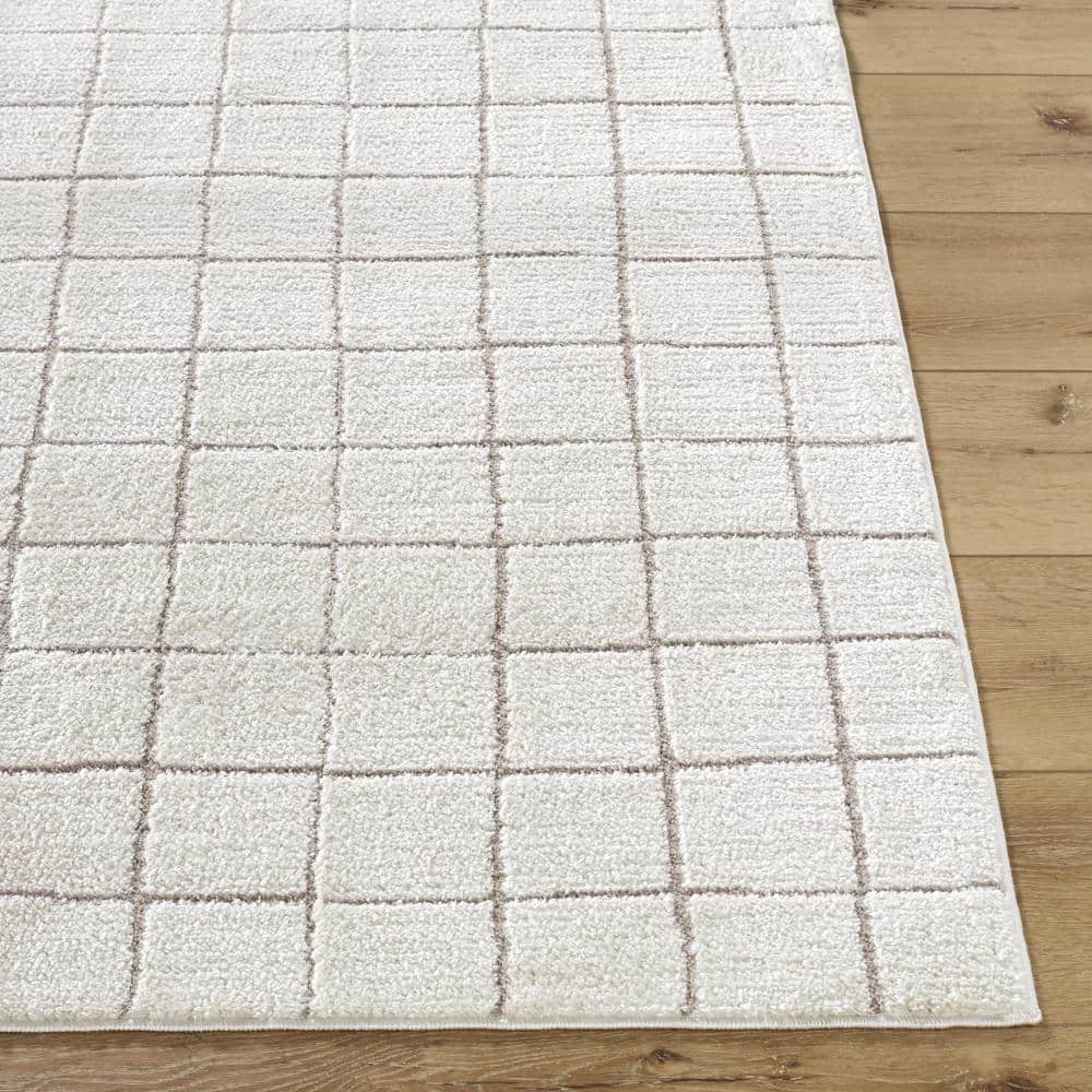 Ivory and Taupe High Pile Grid Area Rug